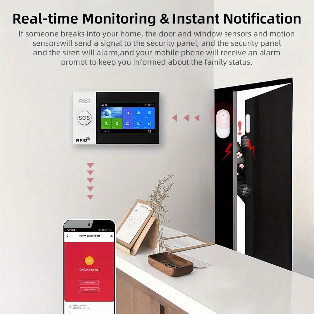 4G Wireless Home Security Touchscreen Alarm System WiFi Wireless Smart Home Burglar Alarm System with SMS Push Support, Compatible with Alexa And Google, DIY Wireless Burglar Alarm System, PGST