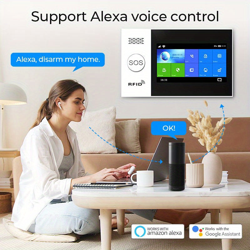 4G Wireless Home Security Touchscreen Alarm System WiFi Wireless Smart Home Burglar Alarm System with SMS Push Support, Compatible with Alexa And Google, DIY Wireless Burglar Alarm System, PGST