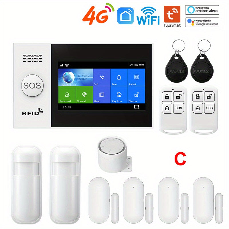 4G Wireless Home Security Touchscreen Alarm System WiFi Wireless Smart Home Burglar Alarm System with SMS Push Support, Compatible with Alexa And Google, DIY Wireless Burglar Alarm System, PGST