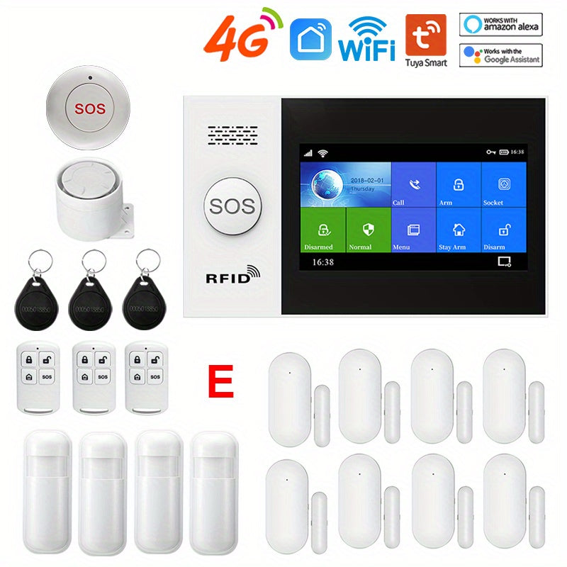 4G Wireless Home Security Touchscreen Alarm System WiFi Wireless Smart Home Burglar Alarm System with SMS Push Support, Compatible with Alexa And Google, DIY Wireless Burglar Alarm System, PGST