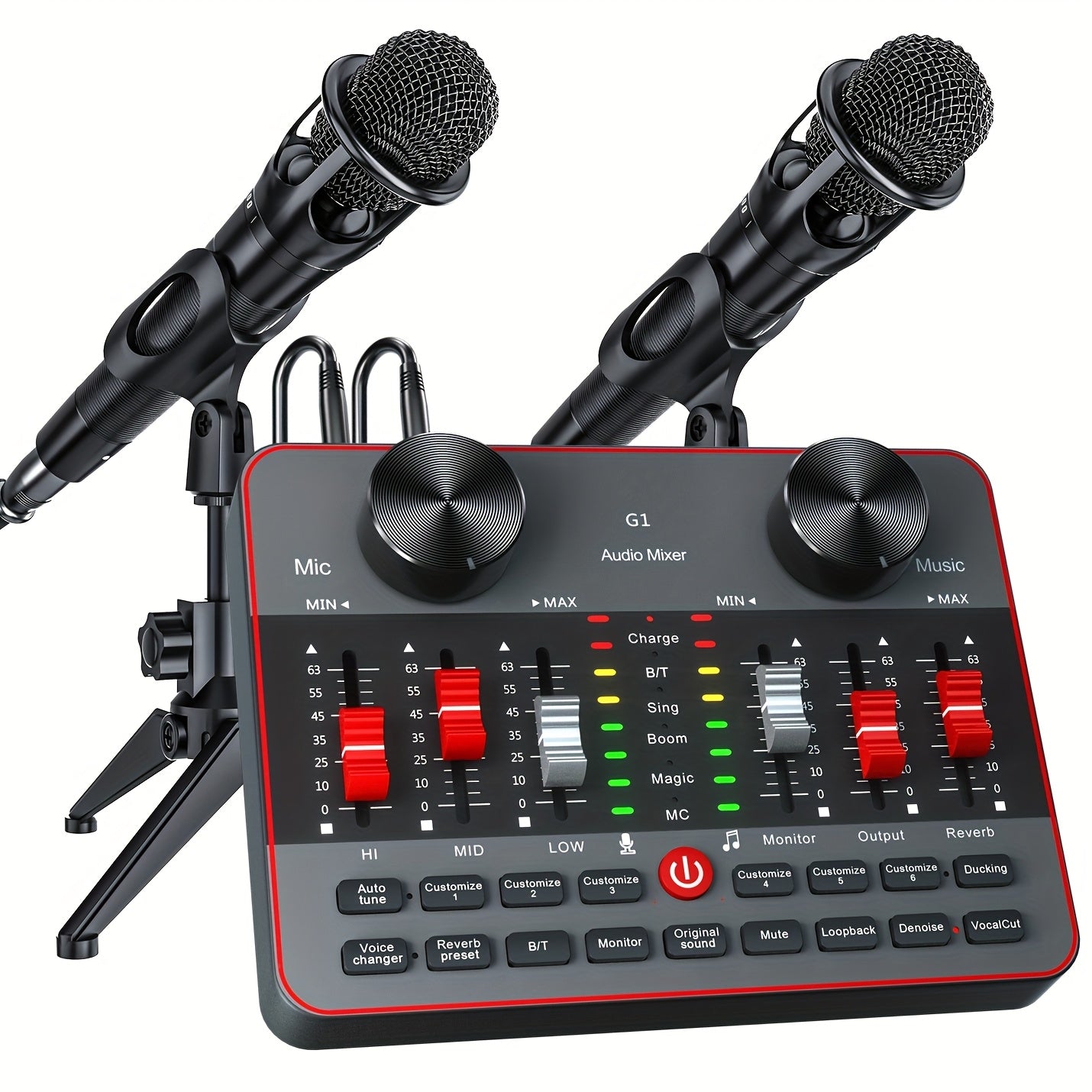 All-in-One Podcast Equipment with Audio Interface DJ Mixer with 2 Condenser Microphones, Recording Studio Kit Live Sound Card for Singing Broadcast, Live Streaming, Gaming