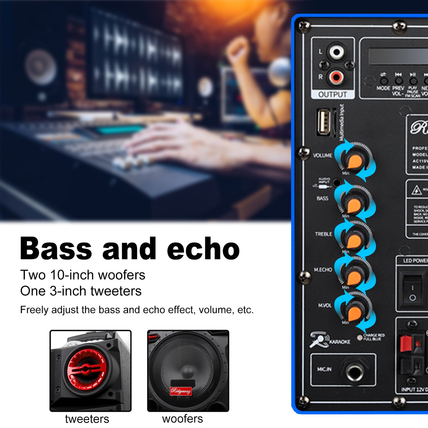 Sound Portable Party Bluetooth Speakers Loud Sound Powerful, DJ Sound Stereo Loud Bass Karaoke Machine with Sound Reactive Party Lights, USB/SD Input and Telescopic Pull Rod, Remote Control