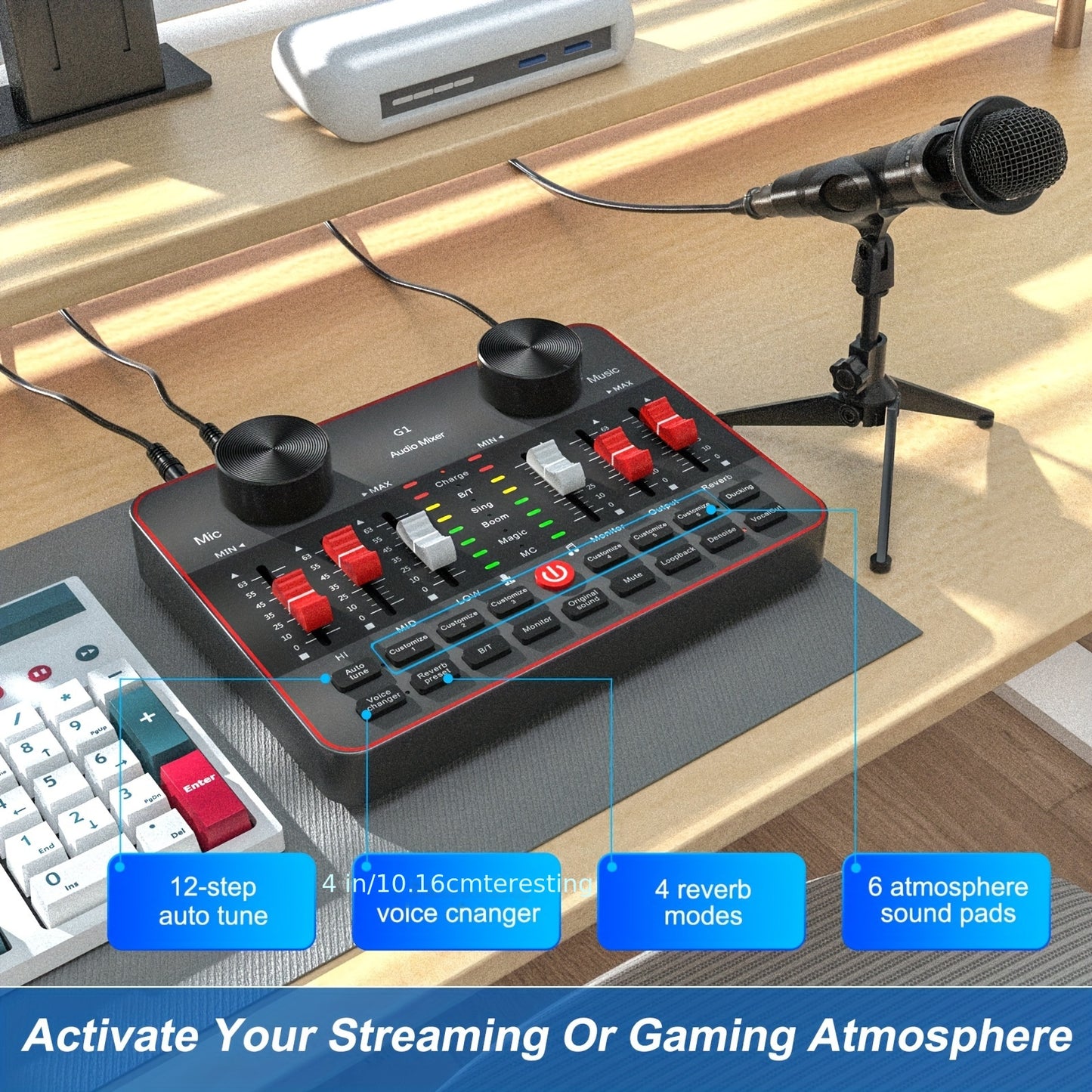 All-in-One Podcast Equipment with Audio Interface DJ Mixer with 2 Condenser Microphones, Recording Studio Kit Live Sound Card for Singing Broadcast, Live Streaming, Gaming