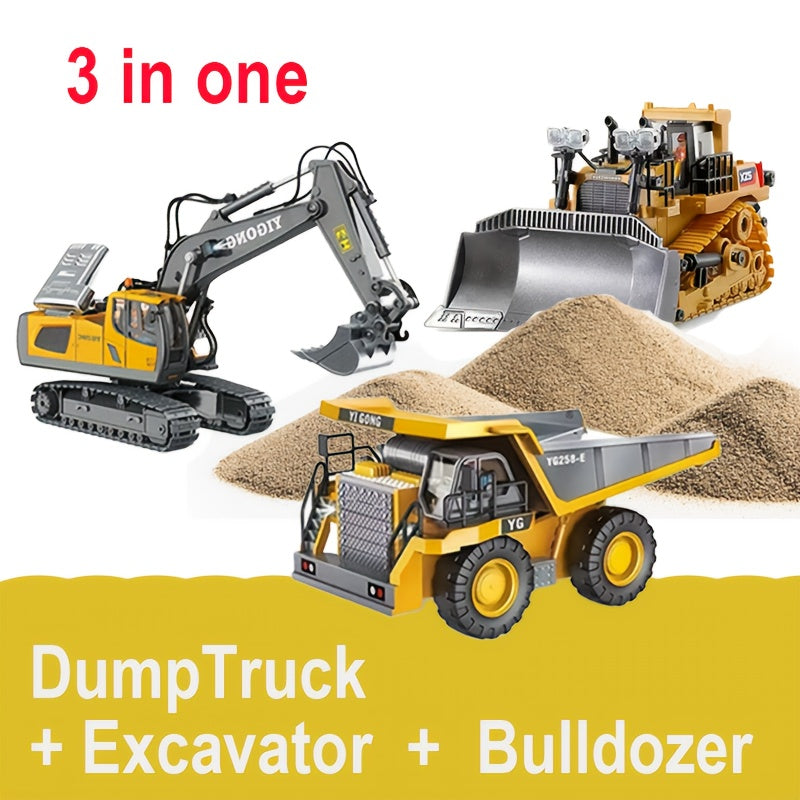 4pcs Set Remote Control Engineering Vehicle Set, 2.4G High-Tech 11-Channel Remote Control Excavator Dump Truck Bulldozer Alloy Plastic Engineering Vehicle Remote Control Construction Toy Car Set-Lingkun