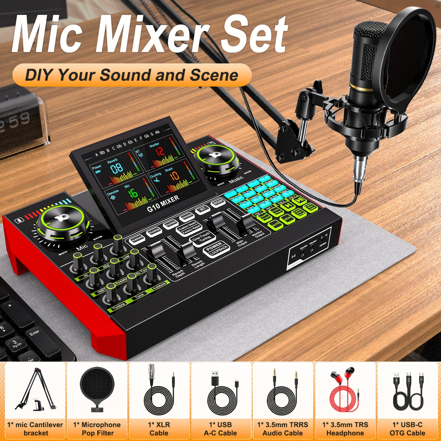 Podcast Equipment Package Live Sound Card Audio DJ Mixer Sound Effect Card Multi-device Compatibility, One-key Noise Reduction Design RGB Lighting Design, 3.5 6.5 Microphone Interface for Karaoke, Streaming Media, Mobile Phon
