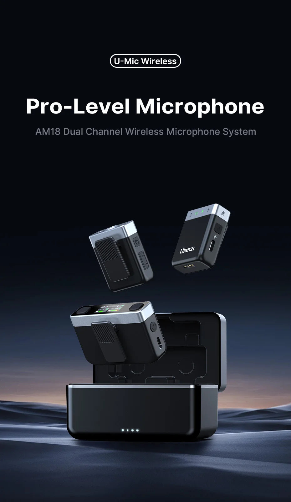 Ulanzi AM18 U-Mic 2.4G Stereo Wireless Microphone 100m Pickup 20+H Dual-Channel Recording for DSLR IOS Android PC Live Interview