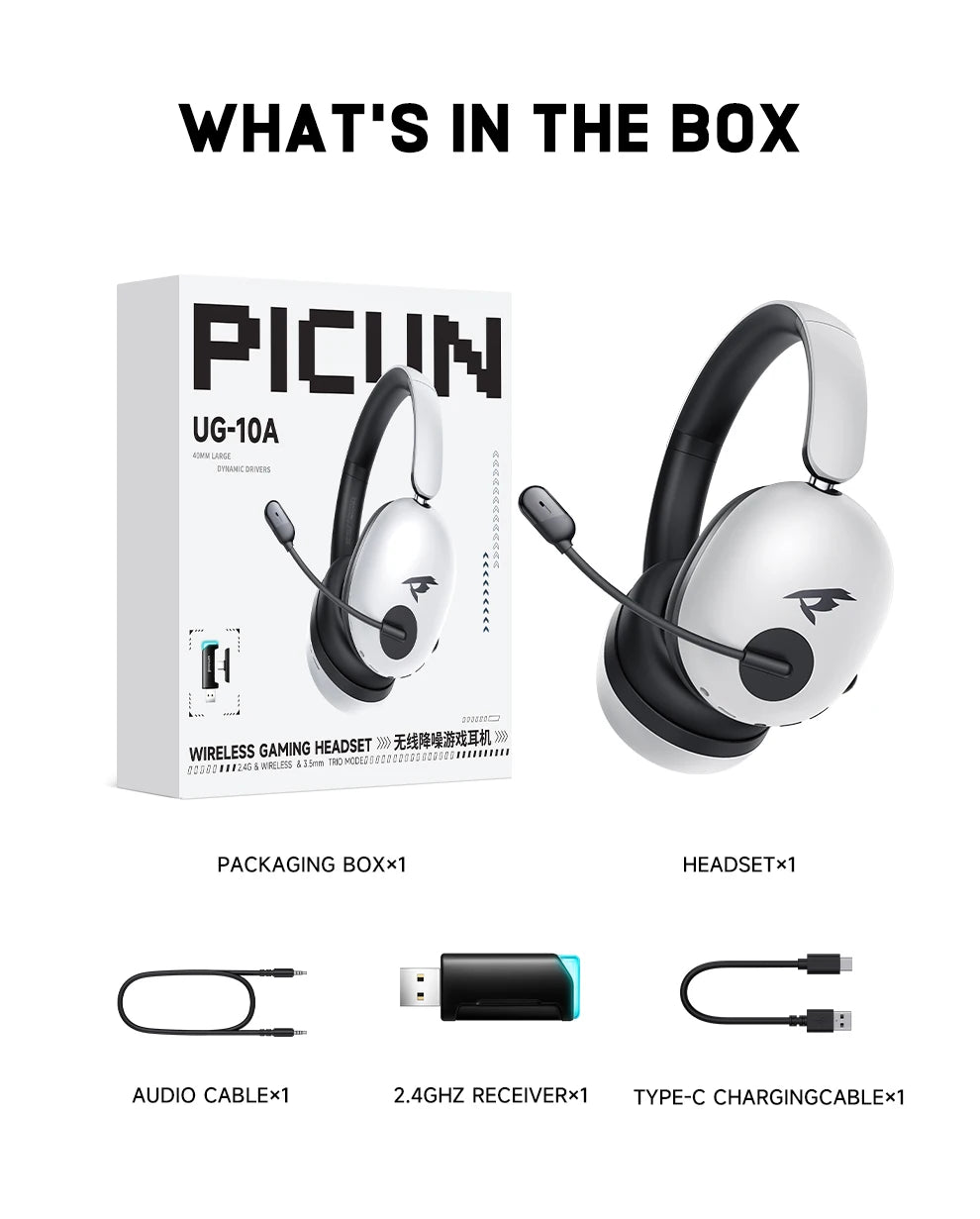 Picun UG-10A Gaming Wireless Headphone with Mic Over-Ear Headset 56dB Bluetooth 6.0 40mm Driver 2.4G/Wireless/Cable Earphones