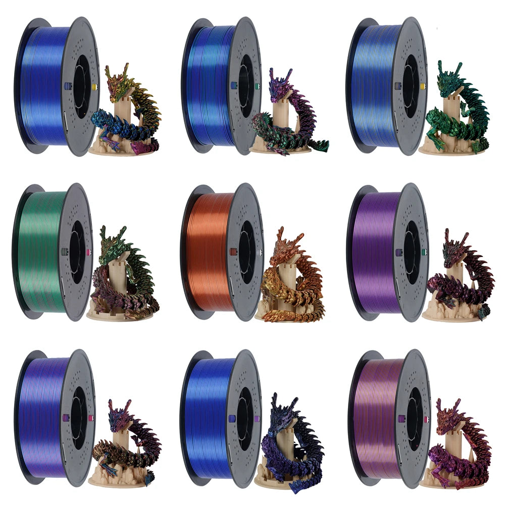 KINGROON 5KG Silk Tricolor PLA Filament 1.75mm, Three-colour Coextrusion 3D Printing Material, New Color Change, 5Roll 1kg/Spool