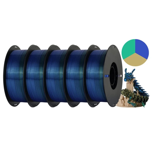 KINGROON 5KG Silk Tricolor PLA Filament 1.75mm, Three-colour Coextrusion 3D Printing Material, New Color Change, 5Roll 1kg/Spool