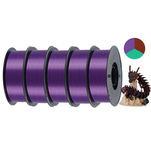 KINGROON 5KG Silk Tricolor PLA Filament 1.75mm, Three-colour Coextrusion 3D Printing Material, New Color Change, 5Roll 1kg/Spool