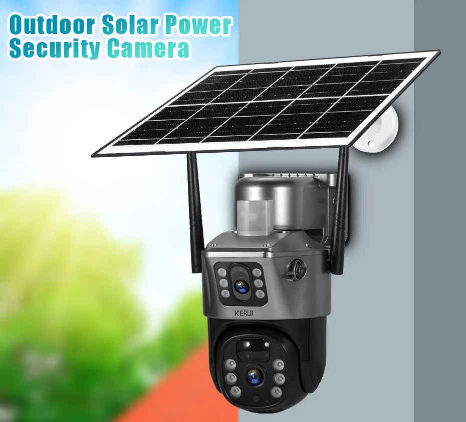 KERUI WIFI Solar Panel Dual Lens Camera Outdoor PTZ 4MP 2K 4G SIM Home Security CCTV Video Surveillance Monitor Built-in Battery
