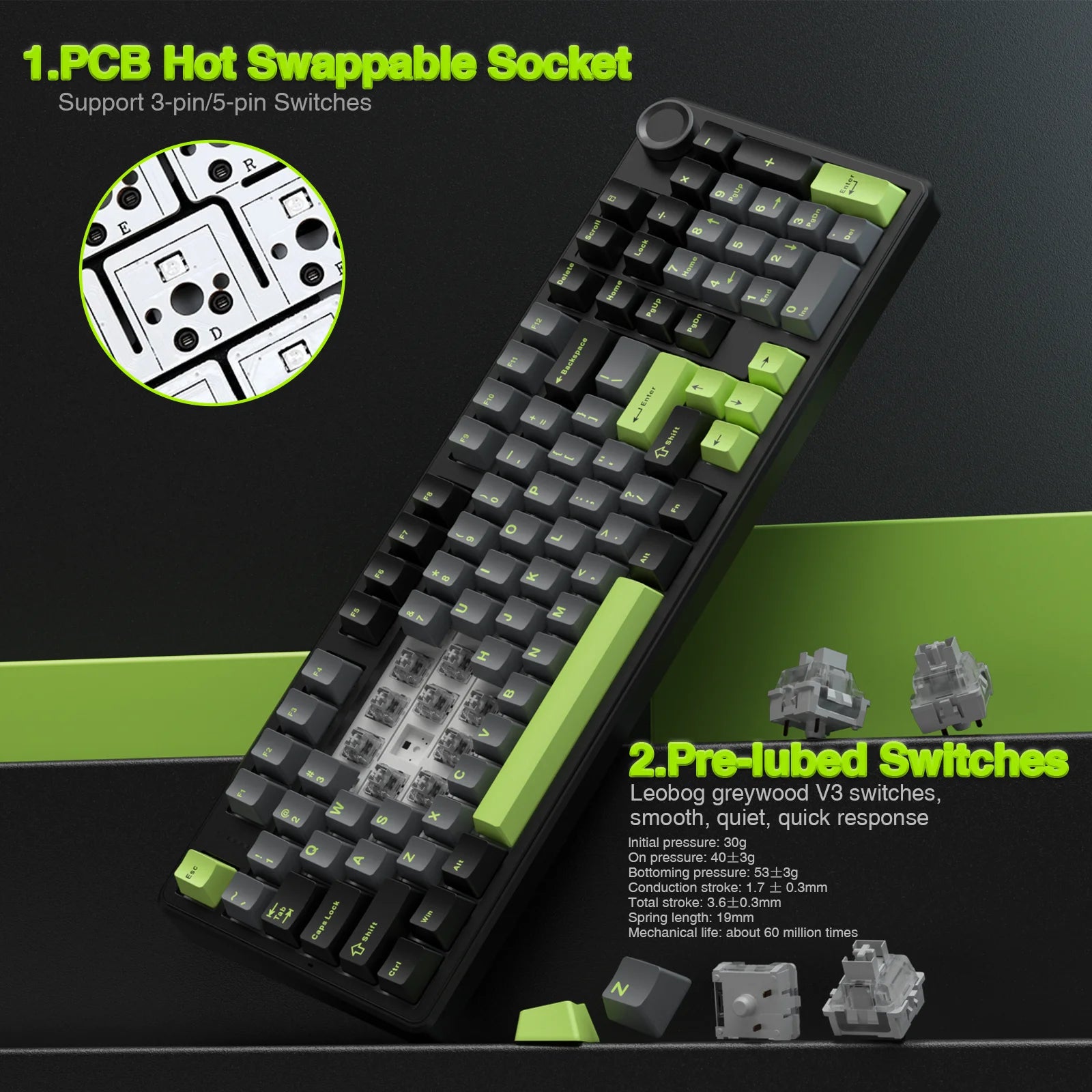 PRO LEVEL Wireless Gaming Keyboard Gasket Structure Compatible with 3/5 Pins Hot-swap Mechanical Keyboard with Media Knob