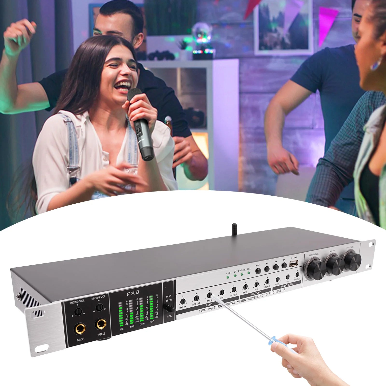 Professional 4-Mic Karaoke Mixer, Non-slip, Ati-howling, Bluetooth & USB & Optical Audio with Anti-Feedback & EQ Controls