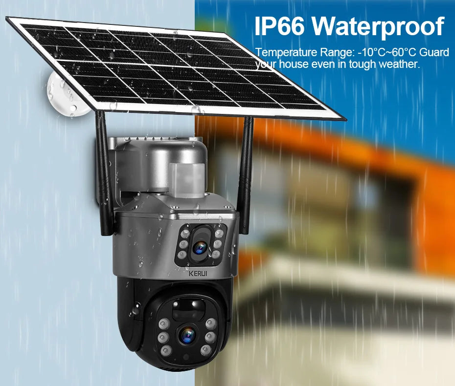 KERUI WIFI Solar Panel Dual Lens Camera Outdoor PTZ 4MP 2K 4G SIM Home Security CCTV Video Surveillance Monitor Built-in Battery