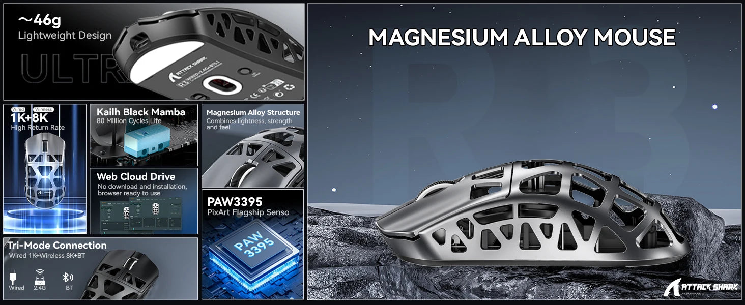 Wireless Gaming Mouse, Up to 26K DPI 8KHz Return Rate, Magnesium Alloy 46G Ultralight Hollowed Design, Tri