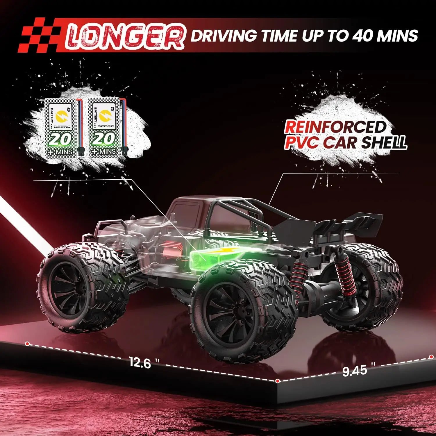 DEERC 9500E 1:16 RC Car: 4x4, 40 KPH, 2.4Ghz, 2 Batteries, Off-Road Monster Truck, Kids/Adults.