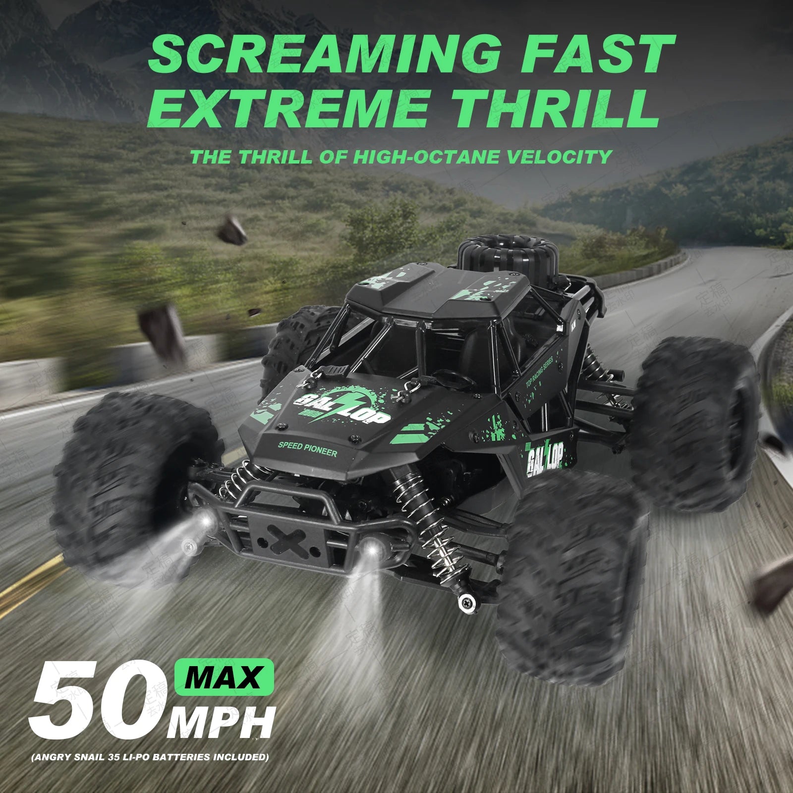 1:16 Fast Brush RC Trucks for Adults Max 50+ MPH, 1 AA Lithium Battery, Waterproof Remote Control Car Sand, Snow and Mud (Green)