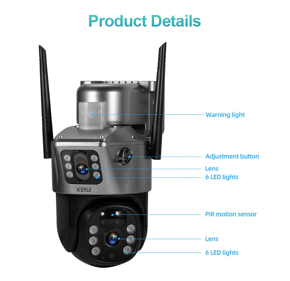 KERUI WIFI Solar Panel Dual Lens Camera Outdoor PTZ 4MP 2K 4G SIM Home Security CCTV Video Surveillance Monitor Built-in Battery