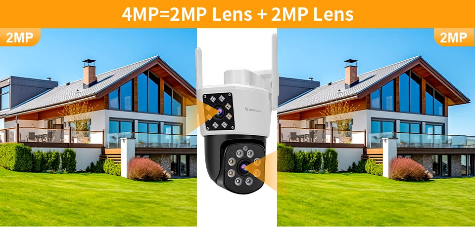 Dual Lens Security Camera Outdoor, 1080P, Starlight Color Night Vision, Pan/Tilt, Light & Siren Alarm, 2-Way Audio