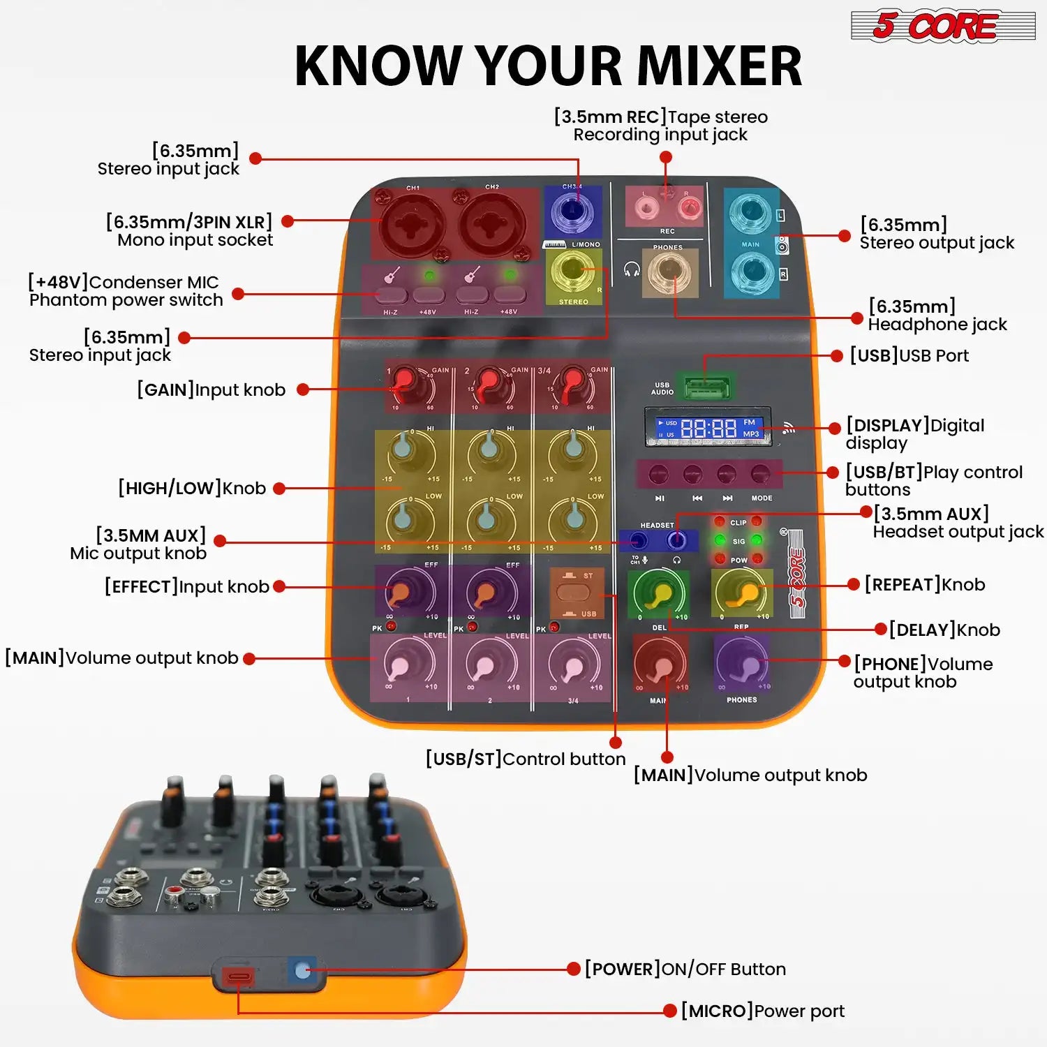 5 Core Audio Mixer 4 Channel DJ Equipment with Bluetooth USB Sound Board Console MX 4CH ORG