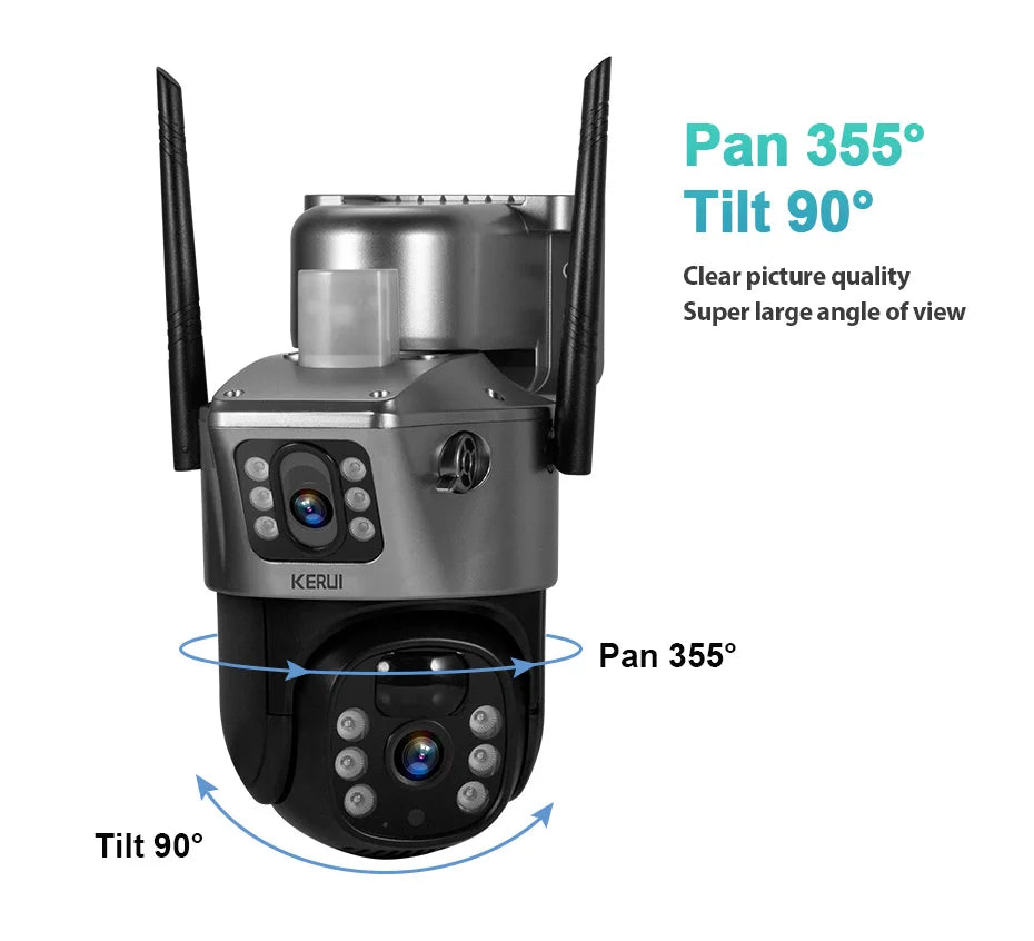 KERUI WIFI Solar Panel Dual Lens Camera Outdoor PTZ 4MP 2K 4G SIM Home Security CCTV Video Surveillance Monitor Built-in Battery