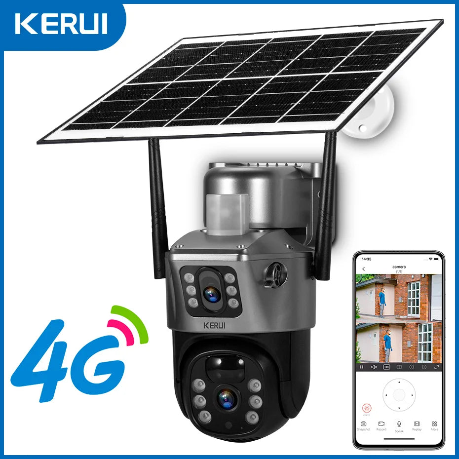 KERUI WIFI Solar Panel Dual Lens Camera Outdoor PTZ 4MP 2K 4G SIM Home Security CCTV Video Surveillance Monitor Built-in Battery