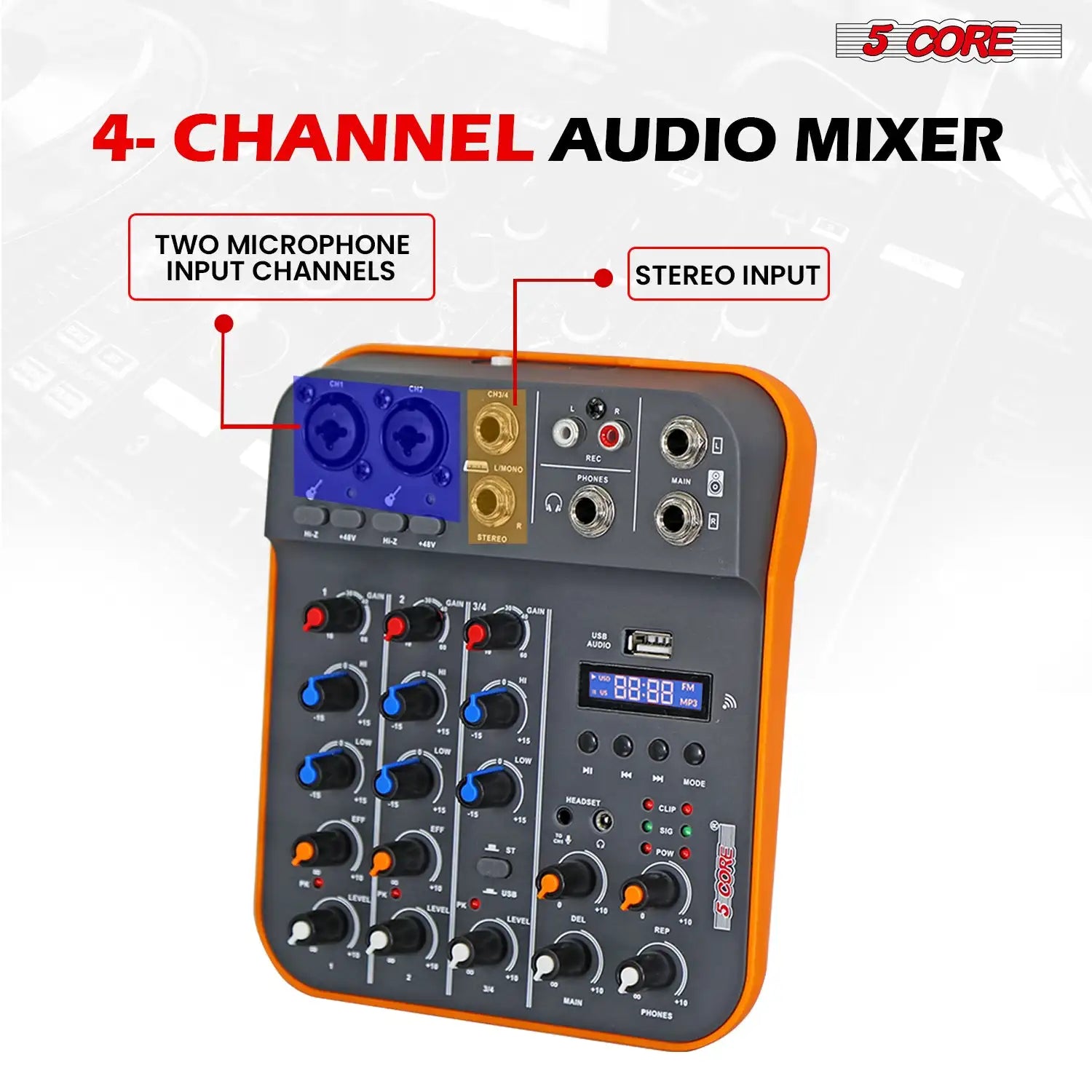 5 Core Audio Mixer 4 Channel DJ Equipment with Bluetooth USB Sound Board Console MX 4CH ORG
