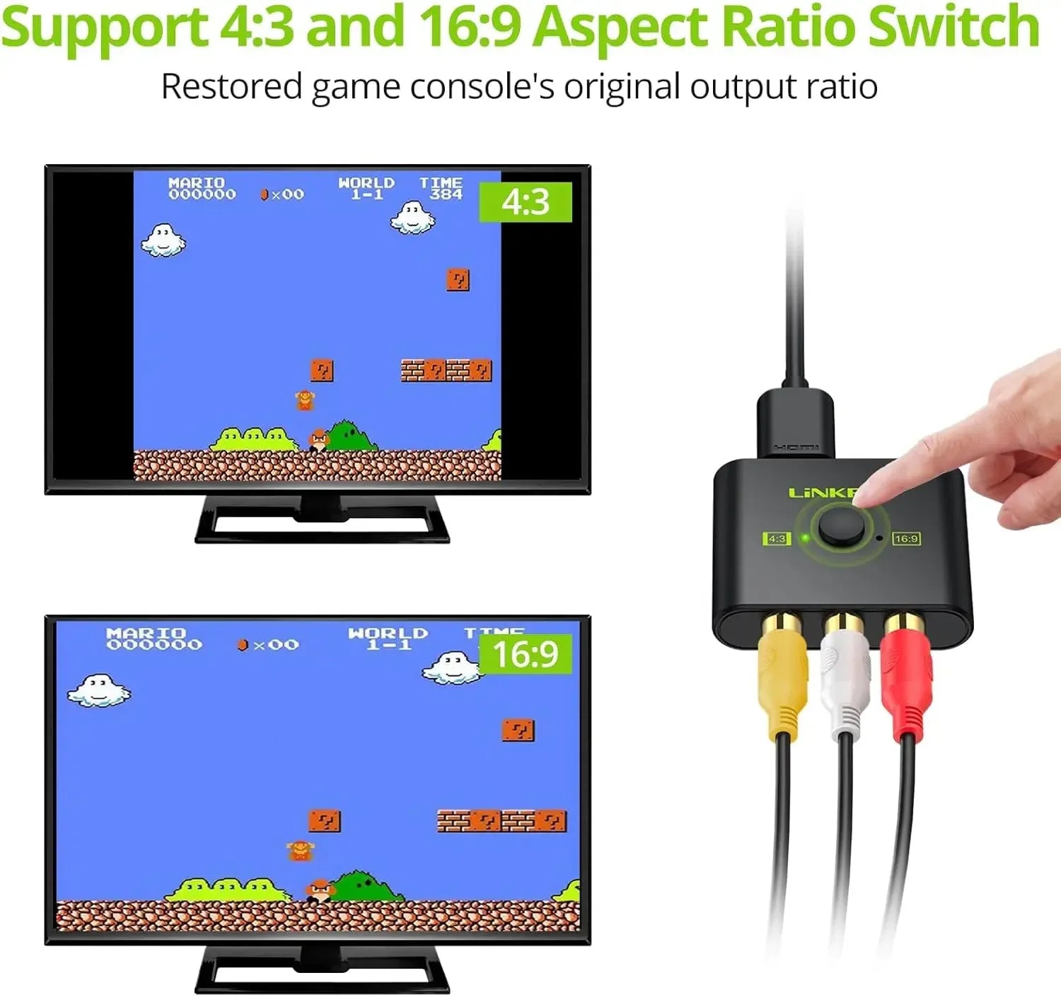 LiNKFOR RCA to HDMI Converter, 1080P AV to HDMI Converter, 16:9/4:3 Conversion Composite CVBS Audio Video Adapter for Wii/Xbox