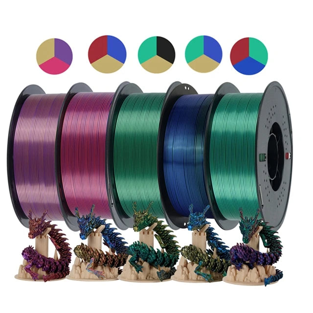 KINGROON 5KG Silk Tricolor PLA Filament 1.75mm, Three-colour Coextrusion 3D Printing Material, New Color Change, 5Roll 1kg/Spool