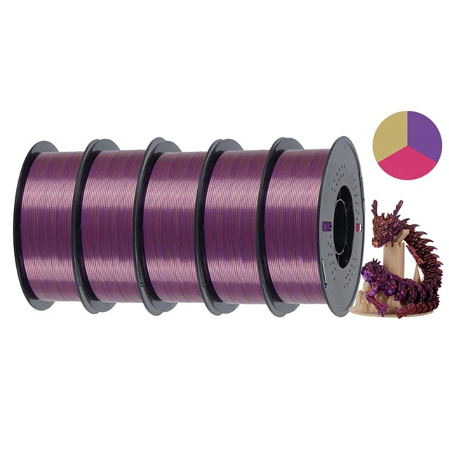 KINGROON 5KG Silk Tricolor PLA Filament 1.75mm, Three-colour Coextrusion 3D Printing Material, New Color Change, 5Roll 1kg/Spool
