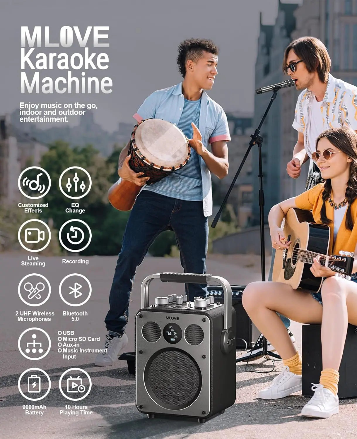 MLOVE D5 Professional Karaoke Machine for Adults with Bluetooth and 2 Wireless Microphones, Portable PA System Speaker, Recordin