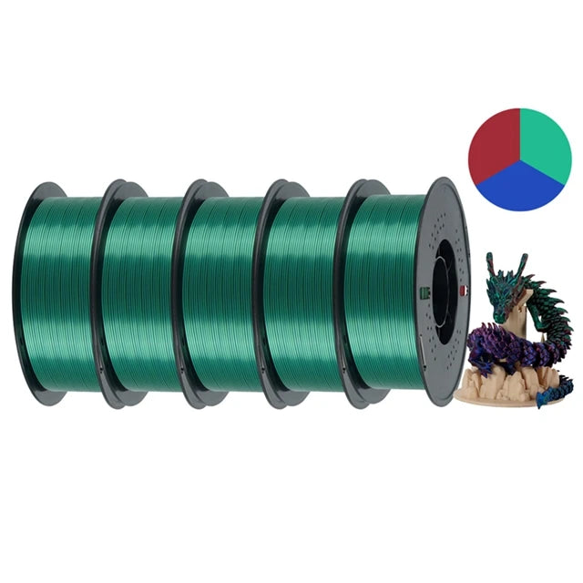 KINGROON 5KG Silk Tricolor PLA Filament 1.75mm, Three-colour Coextrusion 3D Printing Material, New Color Change, 5Roll 1kg/Spool