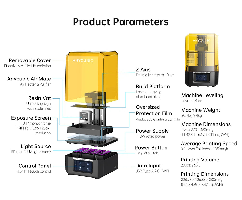 ANYCUBIC Photon Mono M5s Pro 14K Mono MSLA 3D Printer 10.1'' LCD Resin 3D Printer Speed Up to 150mm/h Print Size 223*127*200mm