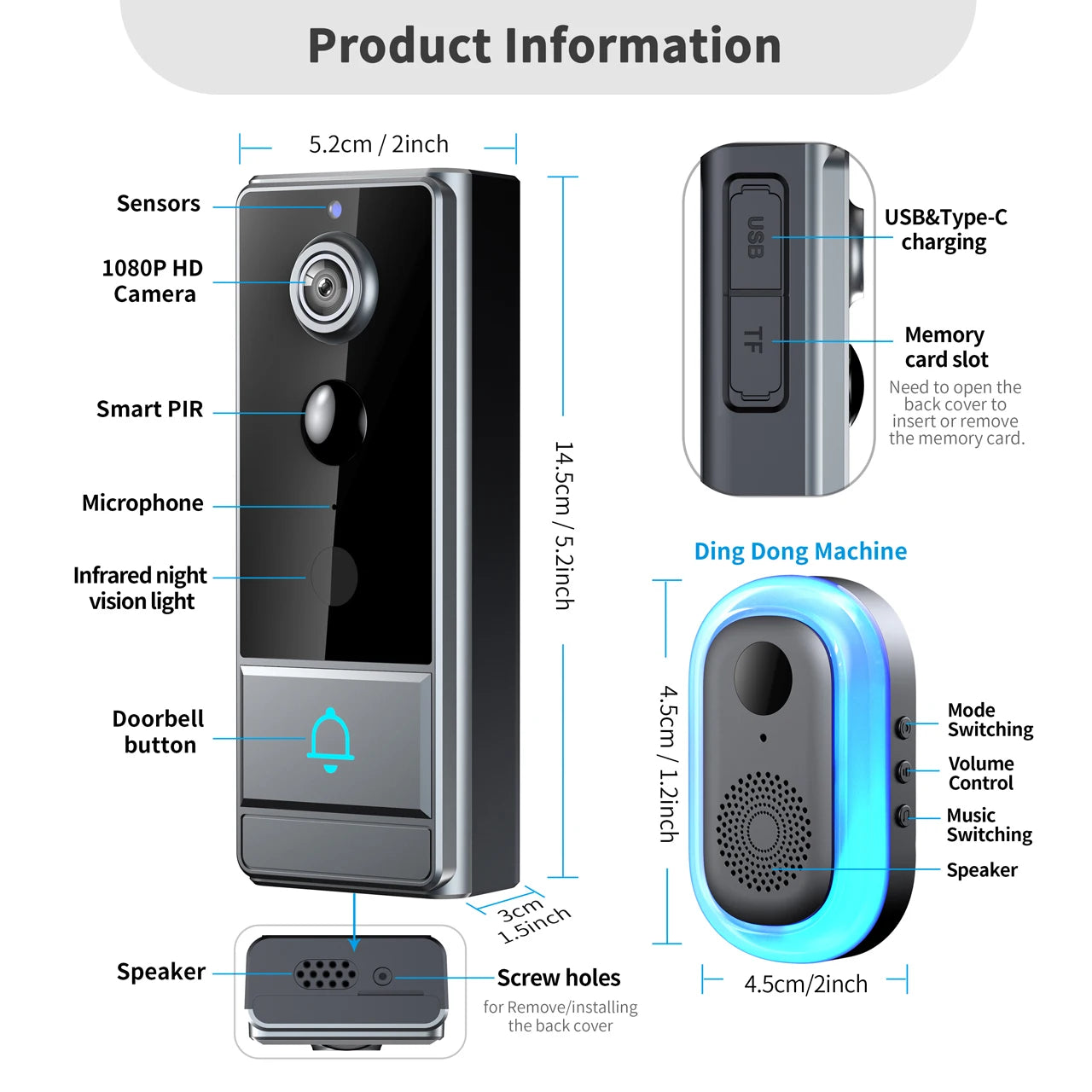 Wireless WiFi video doorbell, Night vision, Photo and video, 2 way audio, Live notification live video, Wireless security camera