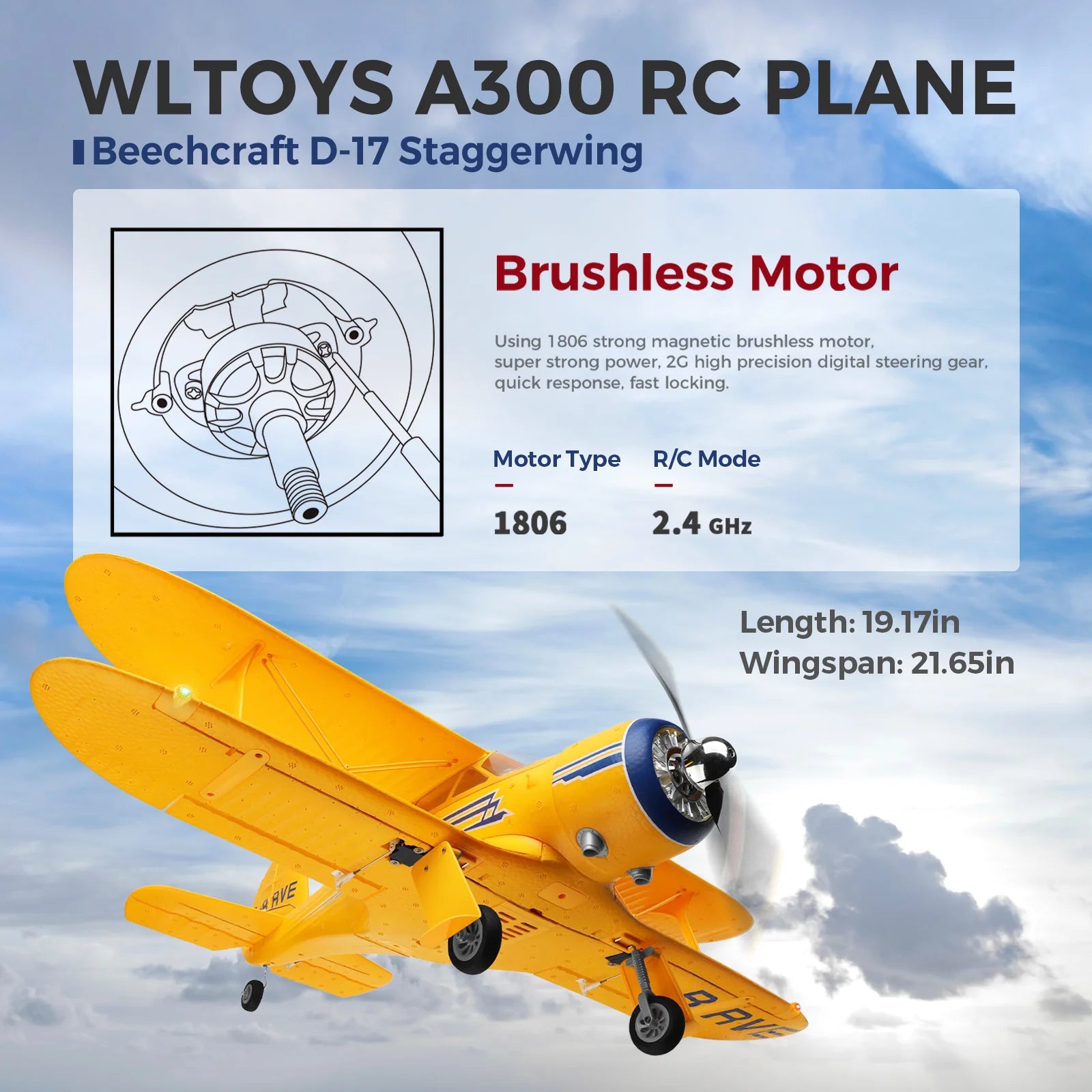 WLtoys A300 4-CH RC Plane, Beechcraft D-17 RC Airplanes with Lights, 6G/3D Brushless RC Planes for adults, Outdoors and Gifts