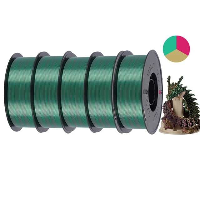 KINGROON 5KG Silk Tricolor PLA Filament 1.75mm, Three-colour Coextrusion 3D Printing Material, New Color Change, 5Roll 1kg/Spool