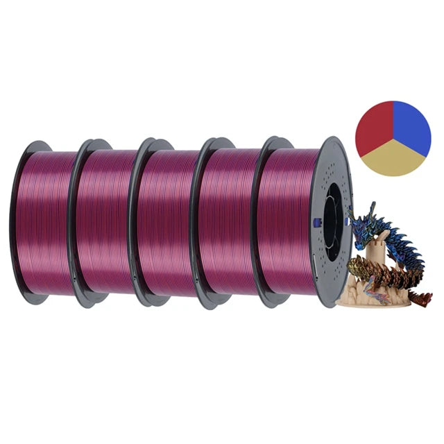 KINGROON 5KG Silk Tricolor PLA Filament 1.75mm, Three-colour Coextrusion 3D Printing Material, New Color Change, 5Roll 1kg/Spool