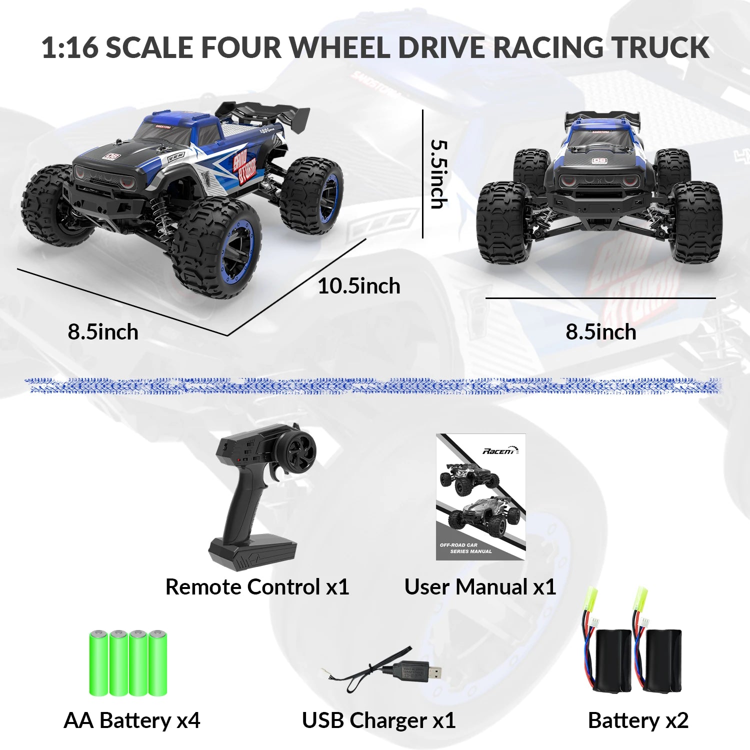 RACENT RC Truck 1:16 4x4 All Terrain RC Car 40KPH High Speed Remote Control Cars Off-Road Monster Truck for Boys