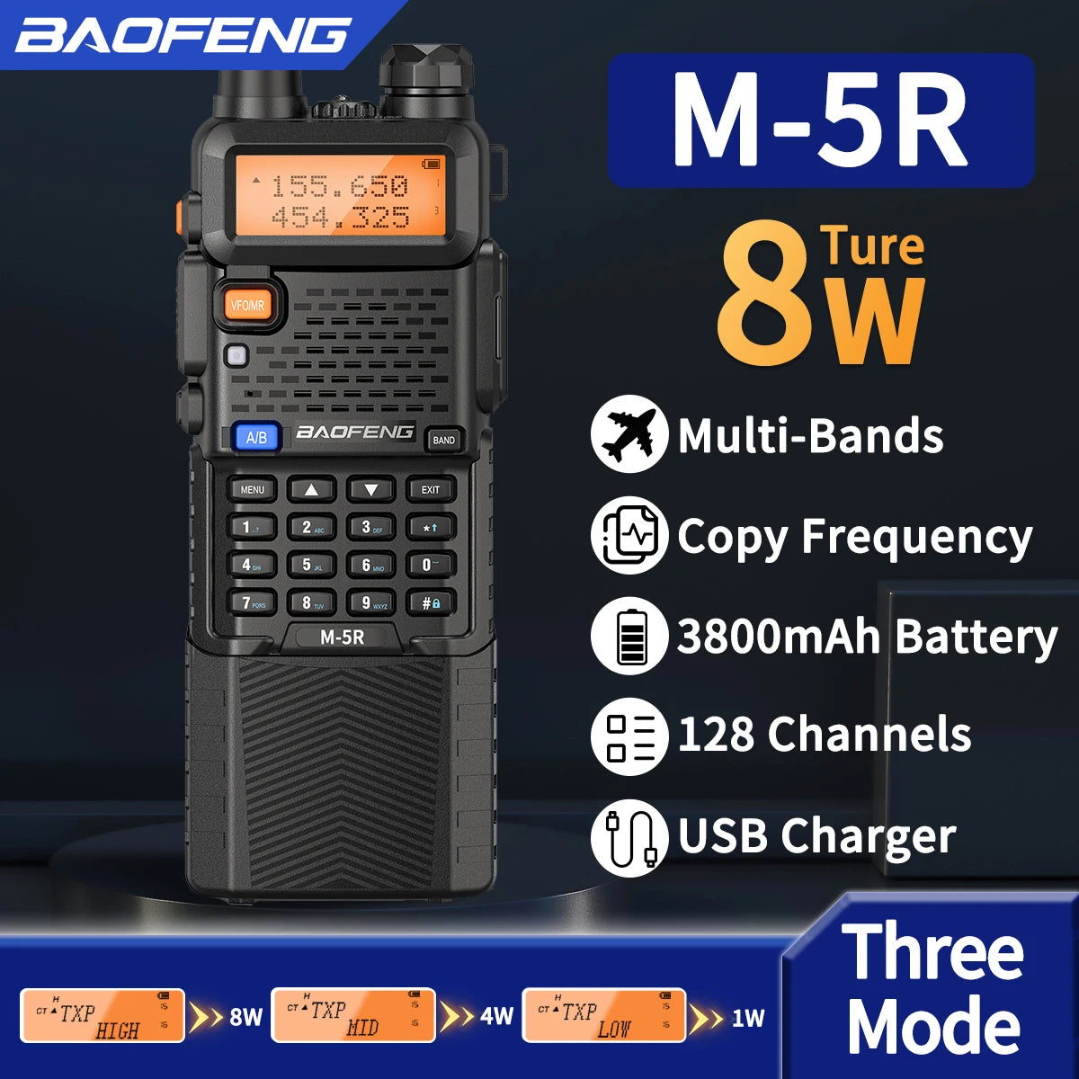 2X M-5R 8W Walkie Talkie 3800mAh Battery Multi Band AM Type-C USB Copy Upgraded UV-5R UV5R Long Range Two Way Ham Radio