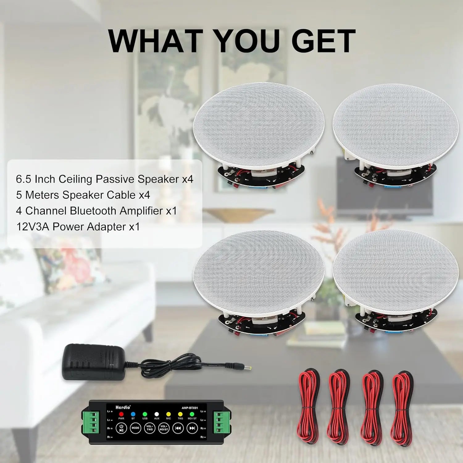 Herdio 4PCS 6.5" 4PCS Bluetooth In Ceiling Speakers 600W 2-Way Flush Mount Speakers System With Wall Amplifier Receiver For Home