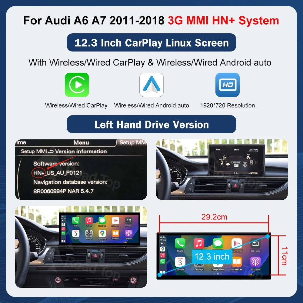 12.3'' Touch Screen Multimedia Display for Audi A6 A7 3G MMI HN+ RMC MHI2011-2018 with Airplay Wireless Carplay And Android Auto