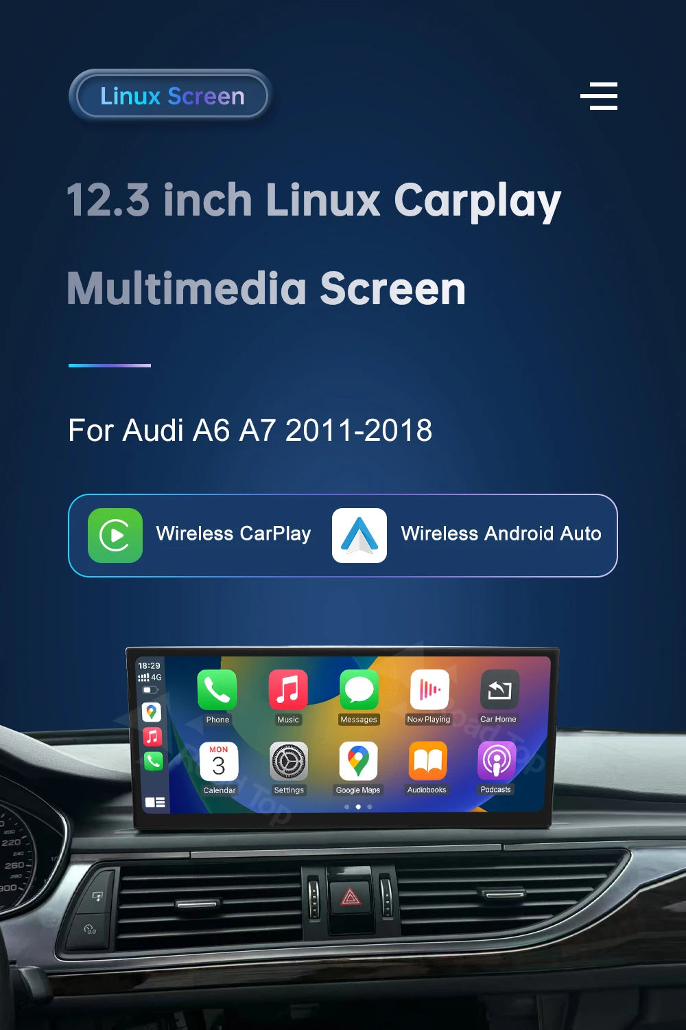 12.3'' Touch Screen Multimedia Display for Audi A6 A7 3G MMI HN+ RMC MHI2011-2018 with Airplay Wireless Carplay And Android Auto