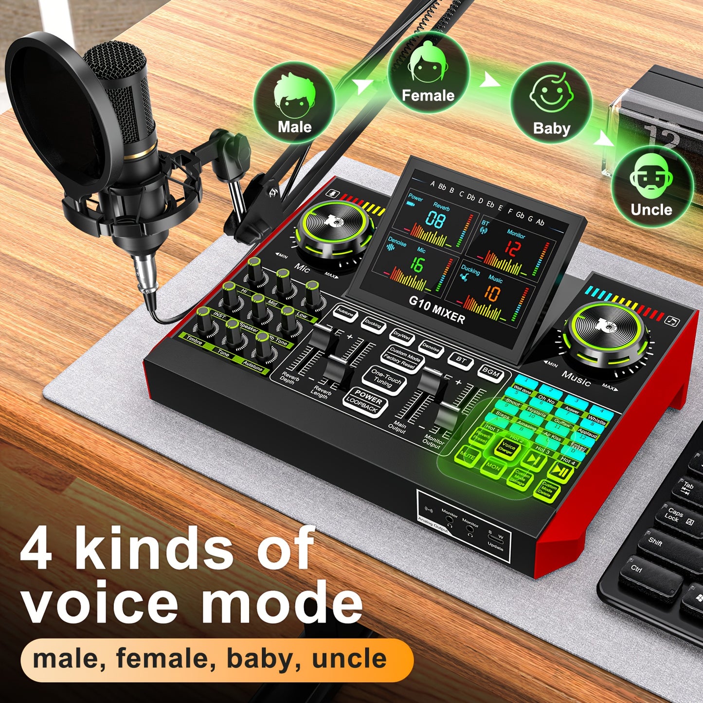 Podcast Equipment Package Live Sound Card Audio DJ Mixer Sound Effect Card Multi-device Compatibility, One-key Noise Reduction Design RGB Lighting Design, 3.5 6.5 Microphone Interface for Karaoke, Streaming Media, Mobile Phon