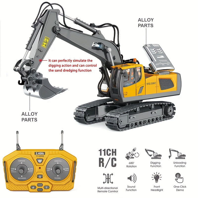 4pcs Set Remote Control Engineering Vehicle Set, 2.4G High-Tech 11-Channel Remote Control Excavator Dump Truck Bulldozer Alloy Plastic Engineering Vehicle Remote Control Construction Toy Car Set-Lingkun