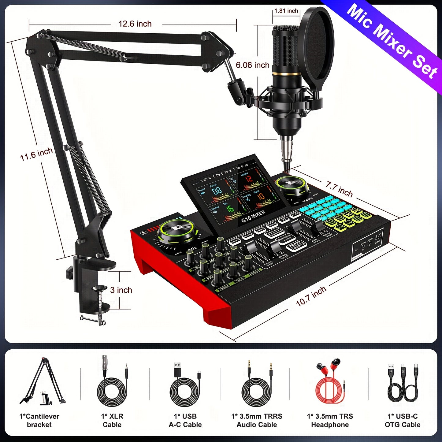 Podcast Equipment Package Live Sound Card Audio DJ Mixer Sound Effect Card Multi-device Compatibility, One-key Noise Reduction Design RGB Lighting Design, 3.5 6.5 Microphone Interface for Karaoke, Streaming Media, Mobile Phon