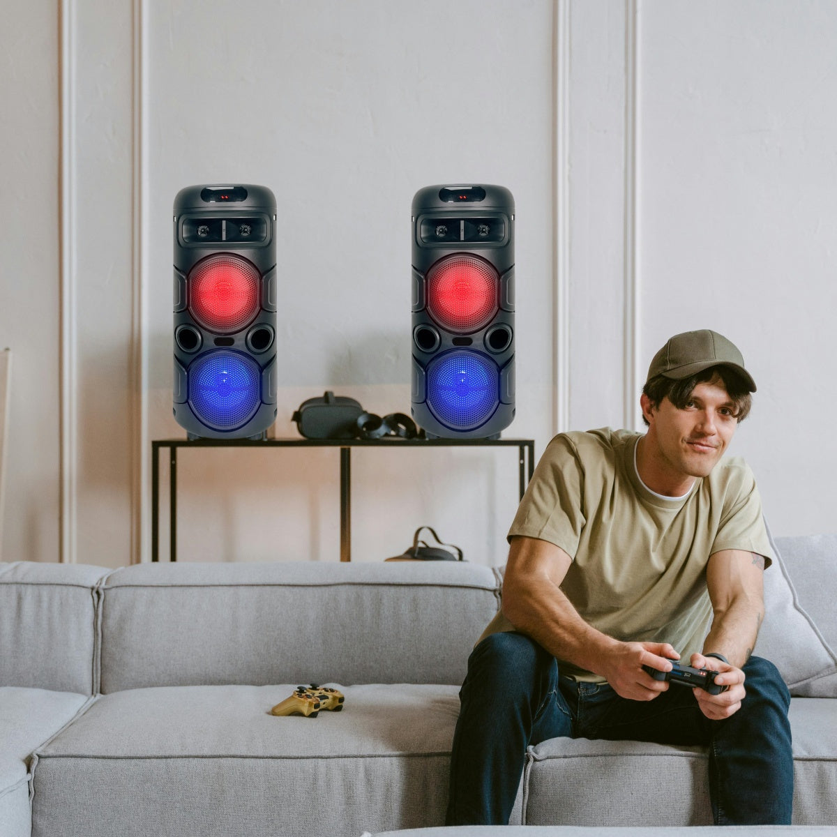Sound Portable Party Bluetooth Speakers Loud Sound Powerful, DJ Sound Stereo Loud Bass Karaoke Machine with Sound Reactive Party Lights, USB/SD Input and Telescopic Pull Rod, Remote Control