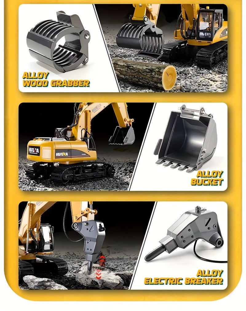 1:14 Scale Three-in-One Remote Control Excavator Toy, 15 Channels, Equipped with Metal Shovel, Drill and Claw Construction Toy, USB Rechargeable Dual Batteries, 2.4GHz Wireless Key Control, Perfect Ideal Gift