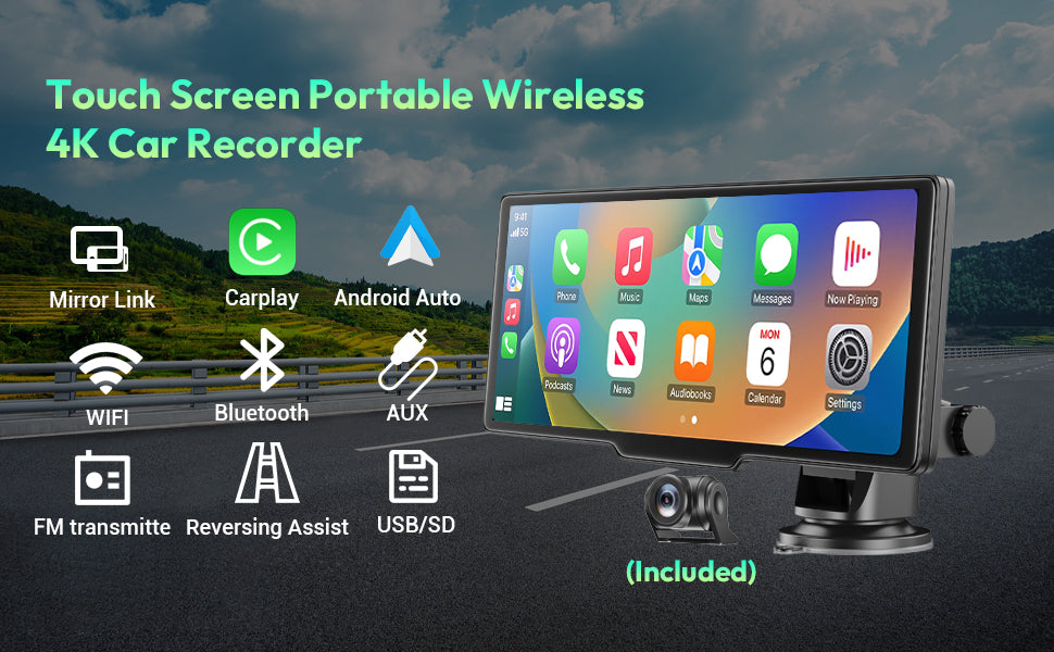 4K 10.26" Touch Screen Car DVR Dashcam Wireless Apple CarPlay Android Auto Dual Lens Video Recorder Dual Dash Cam DVR