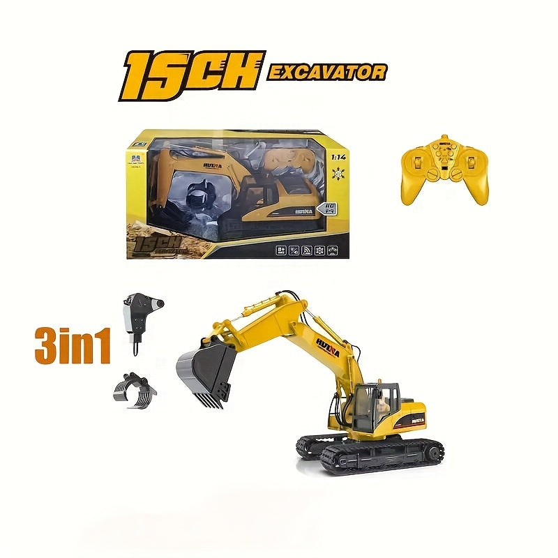 1:14 Scale Three-in-One Remote Control Excavator Toy, 15 Channels, Equipped with Metal Shovel, Drill and Claw Construction Toy, USB Rechargeable Dual Batteries, 2.4GHz Wireless Key Control, Perfect Ideal Gift