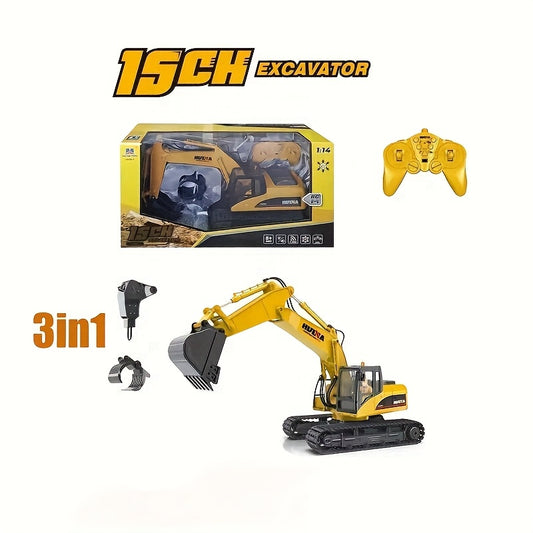 1:14 Scale Three-in-One Remote Control Excavator Toy, 15 Channels, Equipped with Metal Shovel, Drill and Claw Construction Toy, USB Rechargeable Dual Batteries, 2.4GHz Wireless Key Control, Perfect Ideal Gift